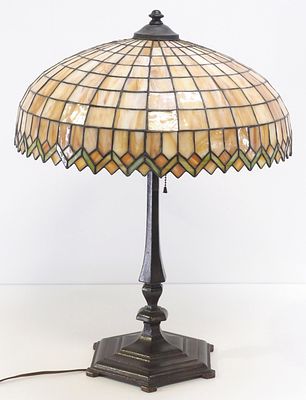 Signed Pratt Stained Glass Mosiac Table Lamp with Original Patina Base marked Pratt - measures 