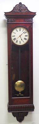 NY Standard Watch Co. Mahogany Regulator Wall Clock with Carved Crest/Base and Large Brass 