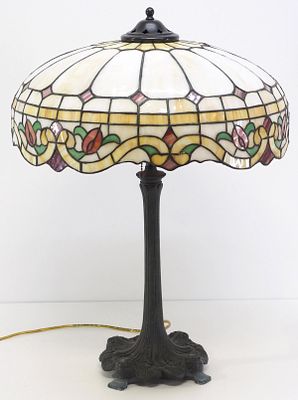 Stained and Leaded Glass Table Lamp with Cream Geometric &amp; Floral Shade, Attributed to Lamb 