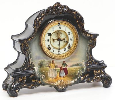 Royal Bonn Porcelain Cased "LaNord" Shelf Clock with Ansonia Open Escapement Works. Featured in 