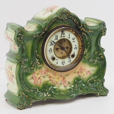 Royal Bonn Porcelain Cased "Ossipee" Shelf Clock with Ansonia Open Escapement Works - measures 