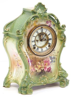 Royal Bonn Porcelain Cased "LaMine" Shelf Clock with Ansonia Open Escapement Works. Featured in 