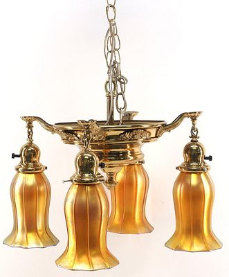 Brass Chandelier with 4 Signed Quezal Gold Aurene Shades - measures 14x20x20 Condition NOTICE! 