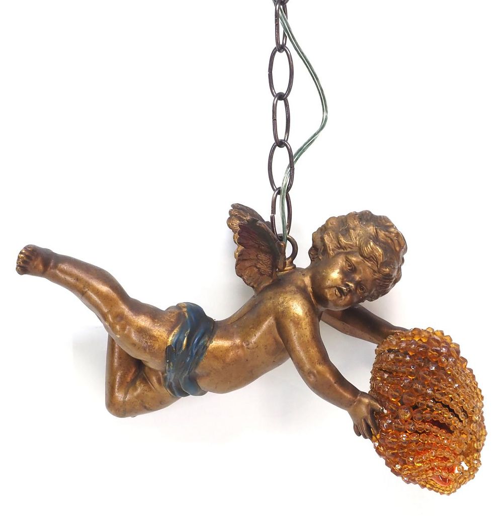 Lot 169: French Putti Angel Pendant Lamp with Amber Beaded Glass Shade