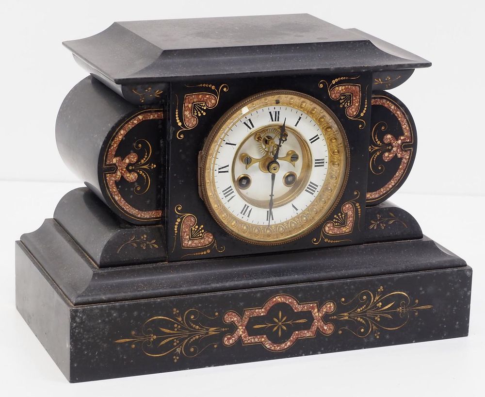 Lot 179: Victorian-style Mantle Clock with Inlaid Marble Slate Case