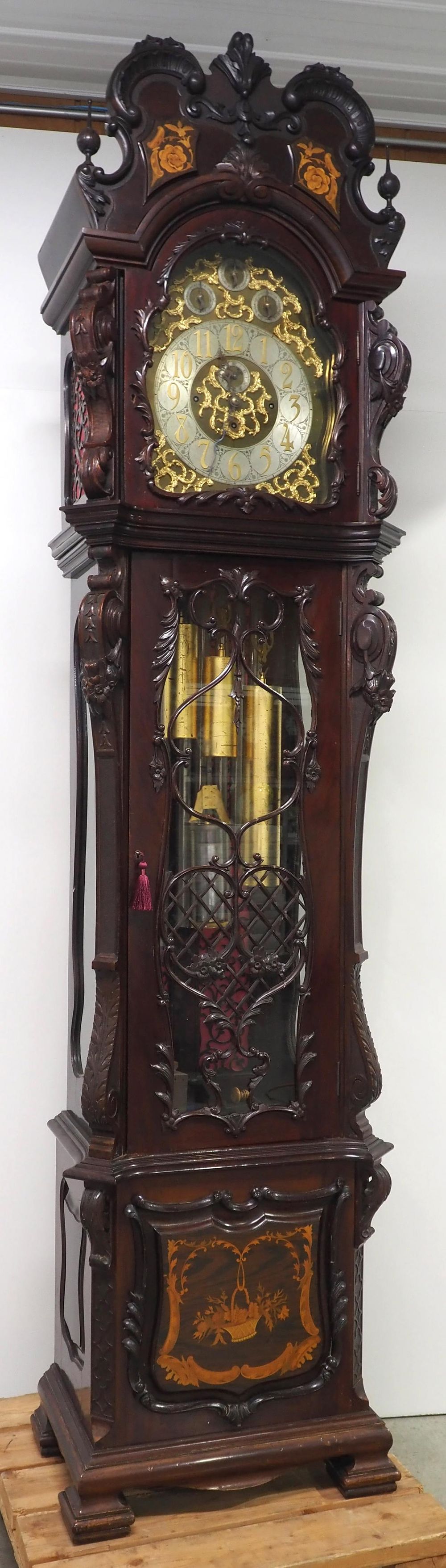 Lot 205: J.J. Elliott Fine Carved Mahogany 9-Tube Tall Case Grandfather Clock c.1890