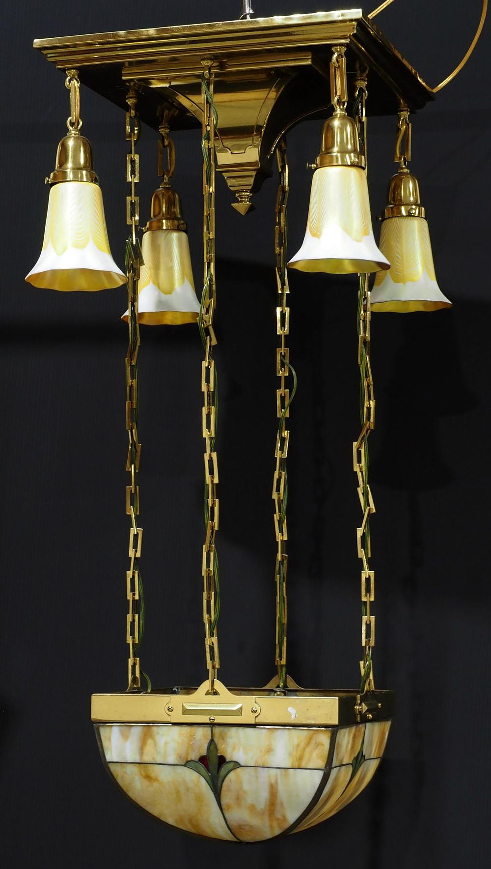 Lot 243: Arts & Craft Chandelier with Leaded Glass Dome and 4 Signed Quezal Shades