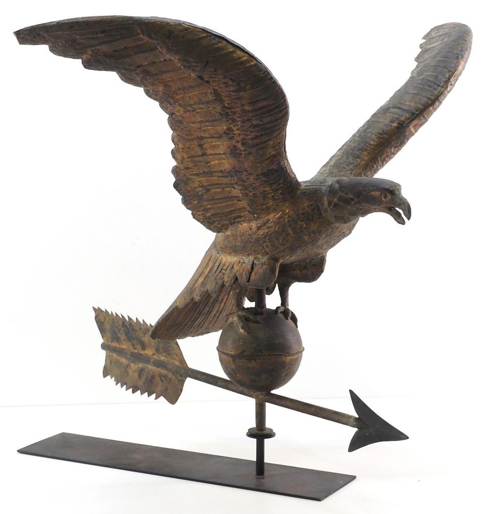 Lot 803: Early metal full-bodied eagle weathervane on ball