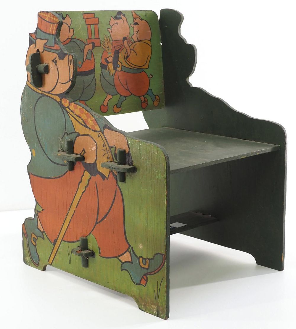 Lot 1226: Wooden child's chair with Three Little Pigs graphics