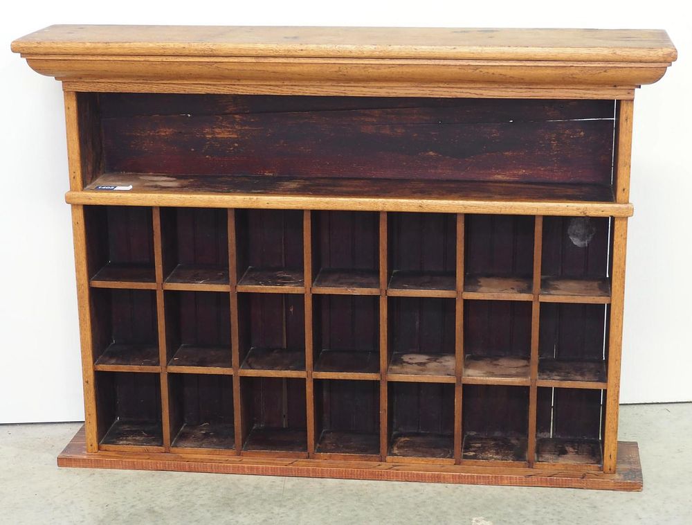 Lot 1405: Wooden barber wall mount shaving cup display cabinet
