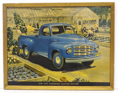 Cardboard ad for Studebaker Pick-Up. 24.5"x19" framed cardboard advertisement for New 1949 