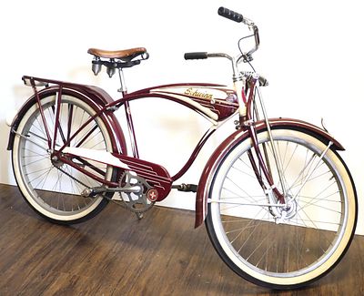 Early Schwinn B6 Autocycle in maroon and cream with battery headlight and spring fork * * NOT 