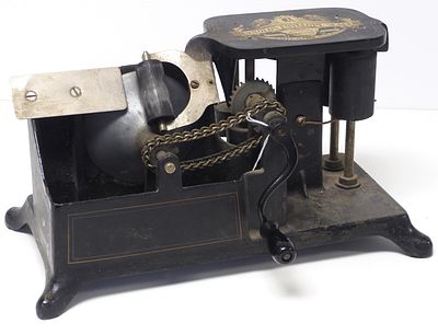 Reynolds Envelope Sealer, hand crank cast iron with great paint, 15.5"L x 8"D x 8"H
