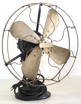 Century Model 152 desk fan with 16"dia. brass blades and black body