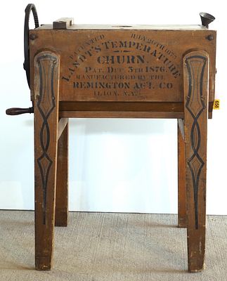 Landt's Temperature Butter Churn with small funnel, original paint and stenciling - cracked 