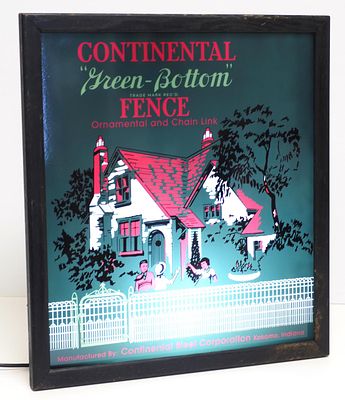 Continental "Green-Bottom" Fence lighted sign. 17.5"x19.5" tin &amp; plastic Continental 
