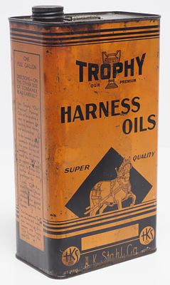 1-gallon Trophy Harness Oils tin with great graphics of horse with harness, empty - Good, 2 