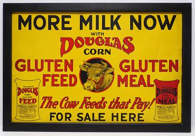 Framed Douglas Corn Gluten Meal sign, WOW!. Framed tin Douglas Corn Gluten Meal "More Milk Now" 