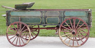 Pony size box wagon with seat and pole, good original paint, measures 44"W x 86"L x 34"H 