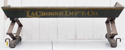 LaCrosse Implement Co. box wagon seat with very good paint and stenciling * * NOT ELIGIBLE FOR 