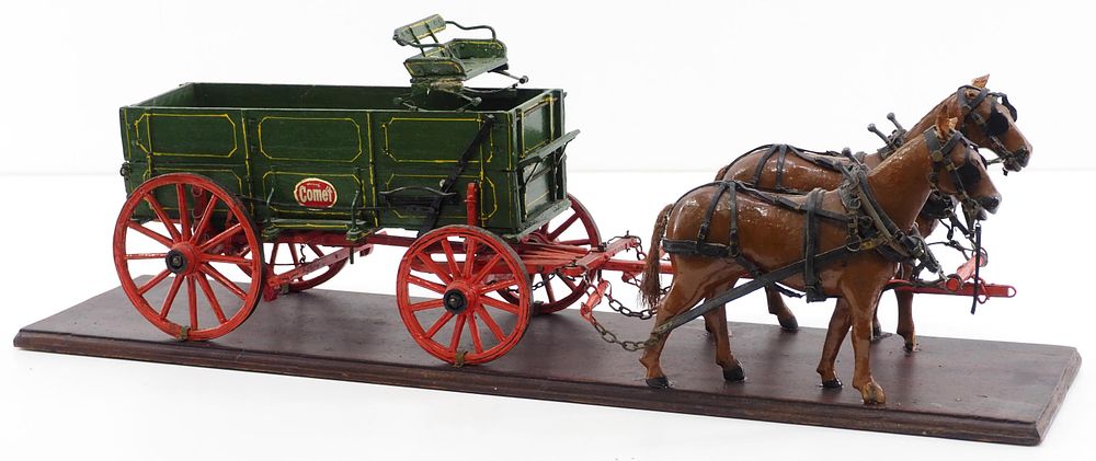 Lot 342: Model box wagon hitched to 2 wooden horses