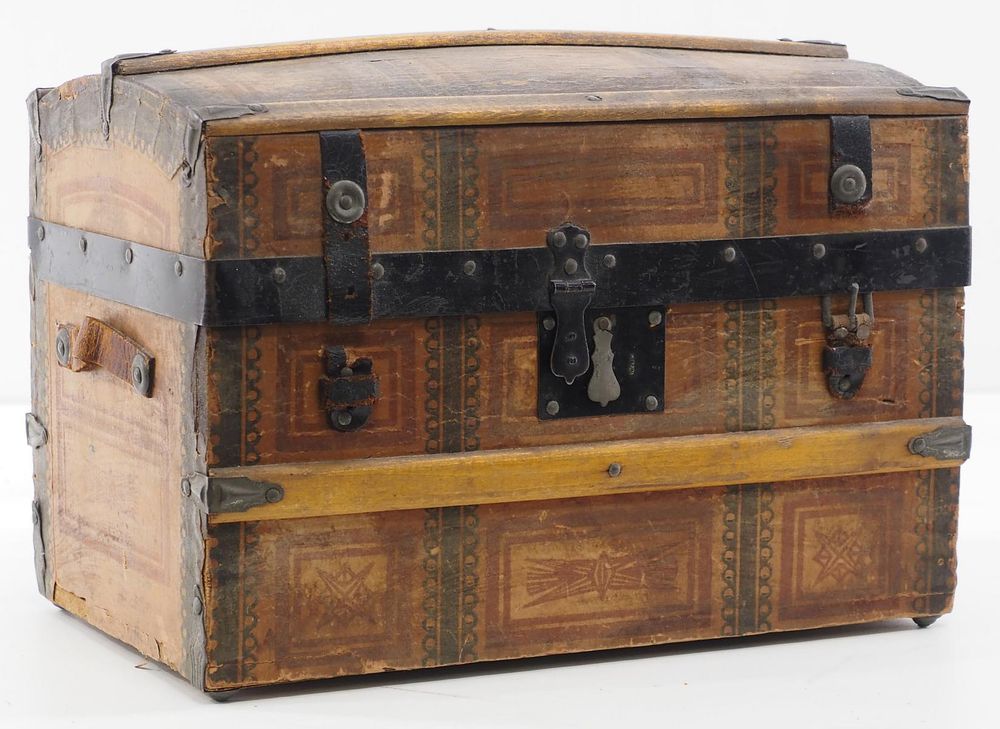 Lot 370: Child-size wooden traveling trunk