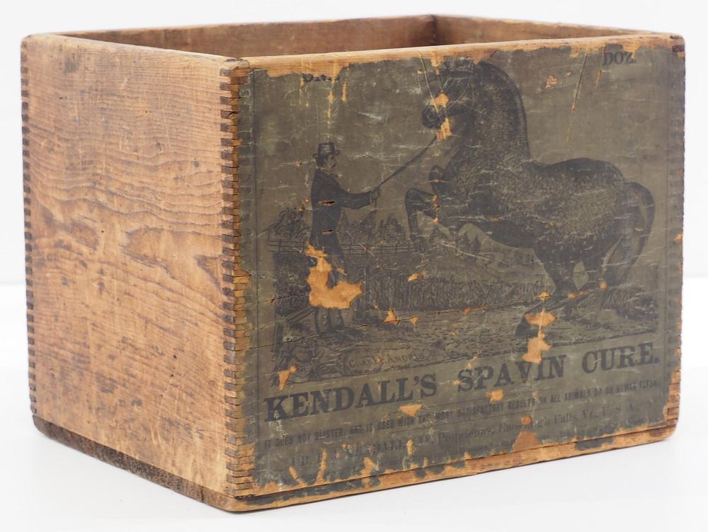 Lot 651: Kendall's Spavin Cure wooden shipping box