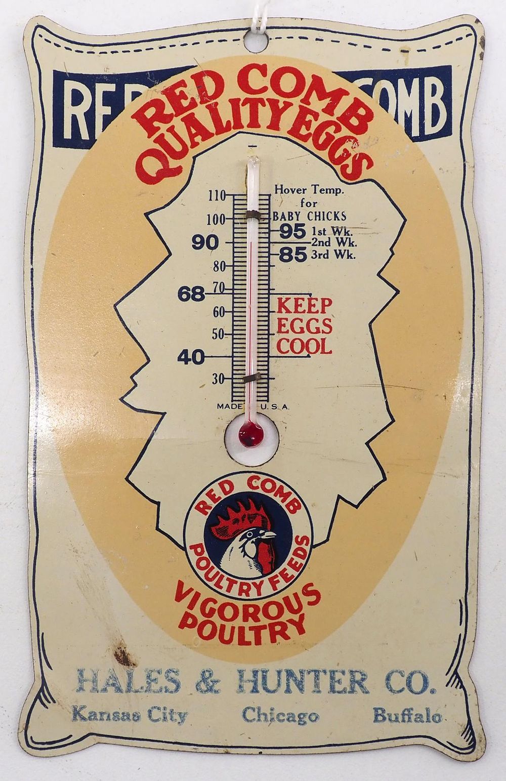 Lot 708: Red Comb Quality Eggs dealer thermometer
