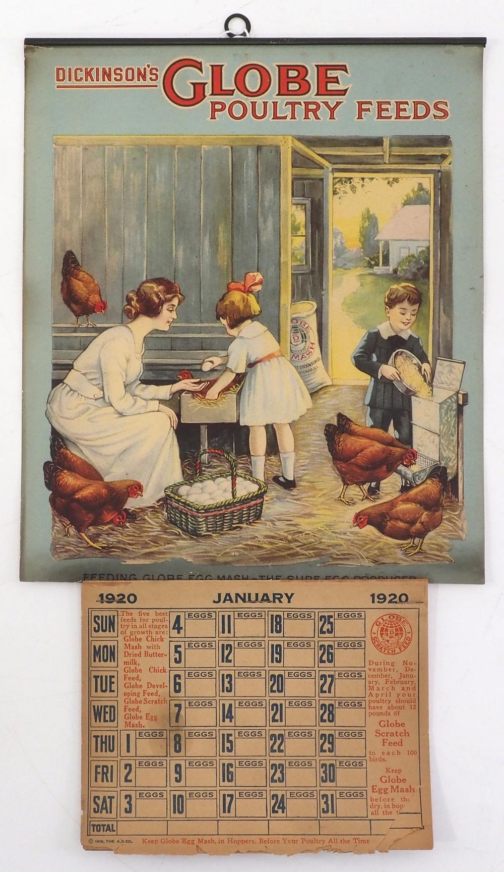 Lot 709: 1920 Globe Poultry Feeds calendar