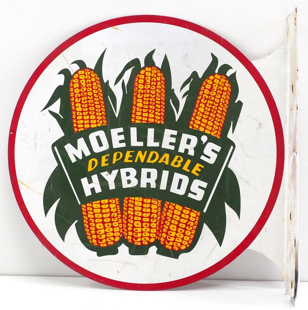 Lot 727: Moeller's Hybrids seed corn flanged sign
