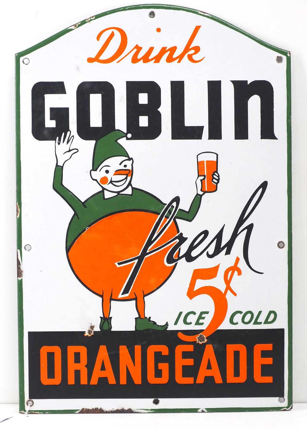 Lot 1213: Drink Goblin Orangeade 5-cent sign, WOW!