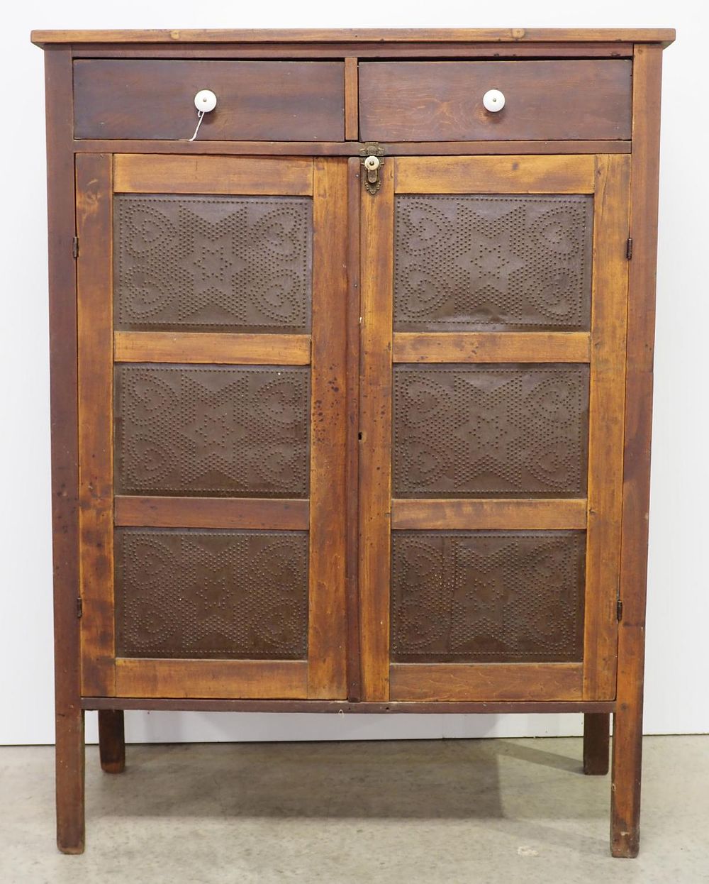 Lot 1279: Early wooden pie safe with tin inserts