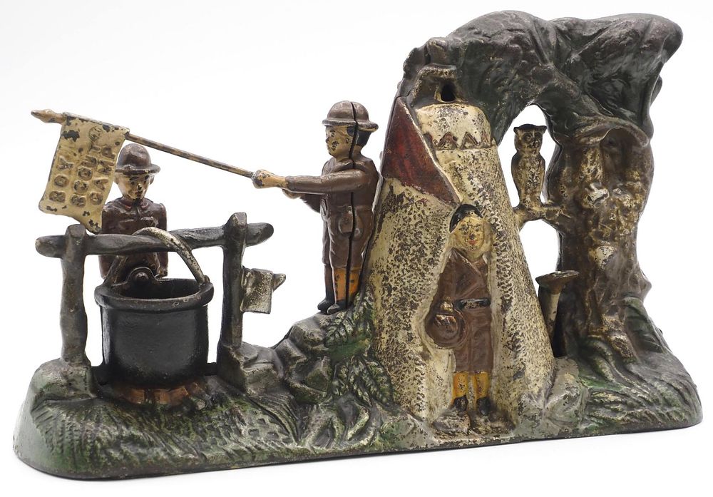 Lot 1328: "Boy Scout Camp" cast iron mechanical bank with some original paint