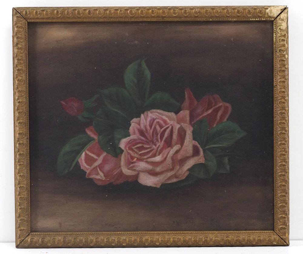 Lot 1402: Framed oil on canvas painting of roses