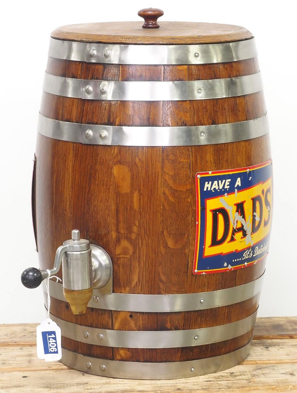 Lot 1406: Dad's Root Beer barrel dispenser