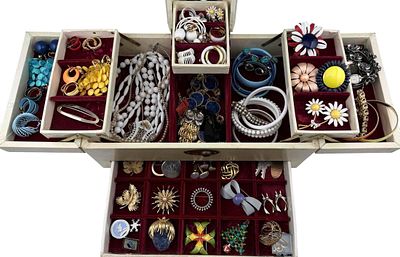 Lot Of Vintage Costume Jewelry, Most 1960's. Includes brooches, bracelets, earrings, necklaces 