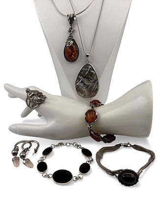 Grouping Of Sterling Silver Jewelry Including Amber, 113.4g. Marked or test as sterling. Amber 