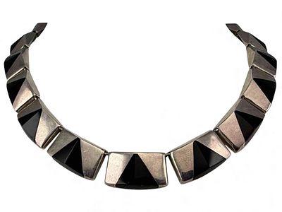 Vintage Taxco Sterling Silver Onyx Necklace, 53.1g. Marked "TM-50 Mexico 925." Length 