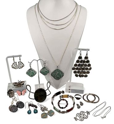Lot Of Sterling Silver Jewelry, 123.3g total weight. Pieces marked or test as sterling. Capri 