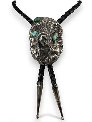 Sterling Silver Turquoise Native American Chief Bolo Tie. Bolo unmarked, tests as sterling. 