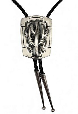 Kit Carson Sterling Silver Cactus Bolo Tie. Signed, marked sterling. Tips test as sterling. 