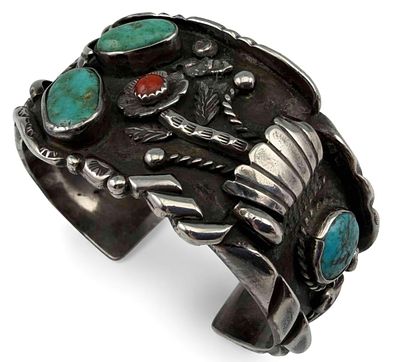 Navajo Old Pawn Sterling Silver Turquoise & Coral Cuff Bracelet. Navajo Old Pawn Sterling Silver 