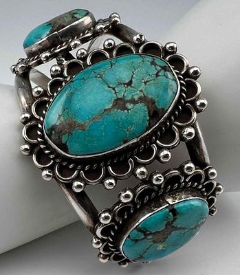 Native American Sterling Silver Turquoise Cuff Bracelet, CA. 1960's, 63.4g. Unmarked, tests as 