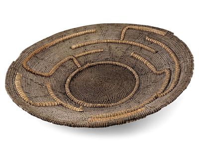 Large African Makenge Basket, Ca. Early-Mid 20th Century. Approximately 17.875W x 17.625L x 