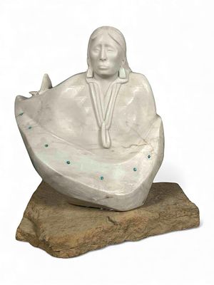 Michael J. Chee, Navajo, Woman With Butterflies, Marble & Turquoise Sculpture. Michael J. Chee 