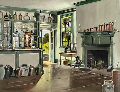 Ruth Perkins Saffond (American, 1892-1979), Interior With Antiques, Gouache On Paper. Signed 