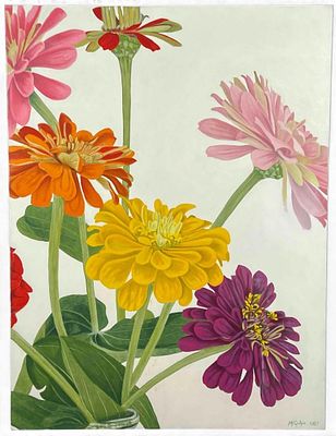 James McGulpin (American, 20th C.), Zinnias, Acrylic On Canvas. Signed and dated 1987, lower 