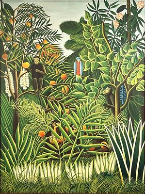 In The Manner Of Henri Rousseau (French, 1844-1910), Naive Jungle Scene, Oil On Canvas. 