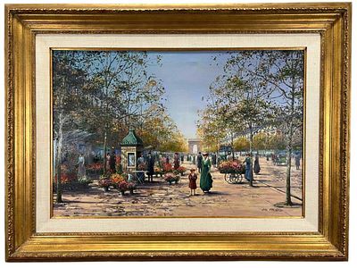 Jean Faurege (French, 20th/21st C.) Les Champs-Elysees En Automne, Paris Street Scene, Oil On Canvas