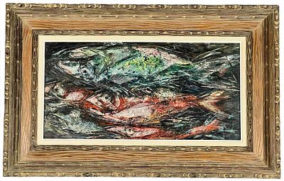 Caesar Hernandez (California, 1909-1996), Still Life With Fish, Oil On Masonite. Signed lower 